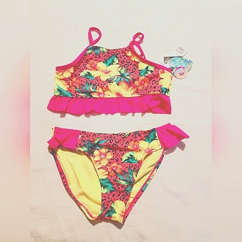 Breaking Waves girls size 12 bright floral print with pink ruffle bikini, NWT